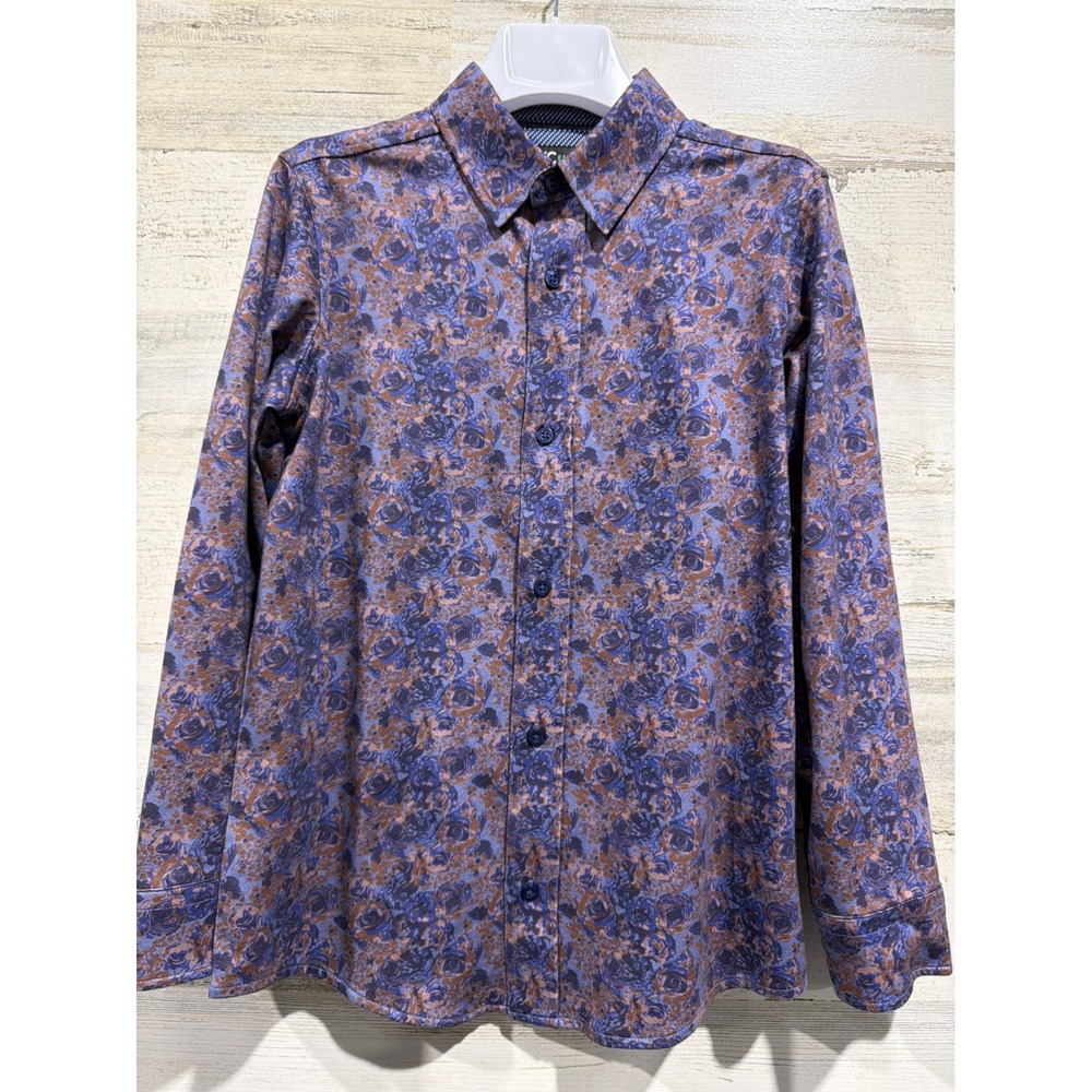 Johnston & Murphy Button Up Boys S 6-7 Purple Floral XC Flex Cotton EUC